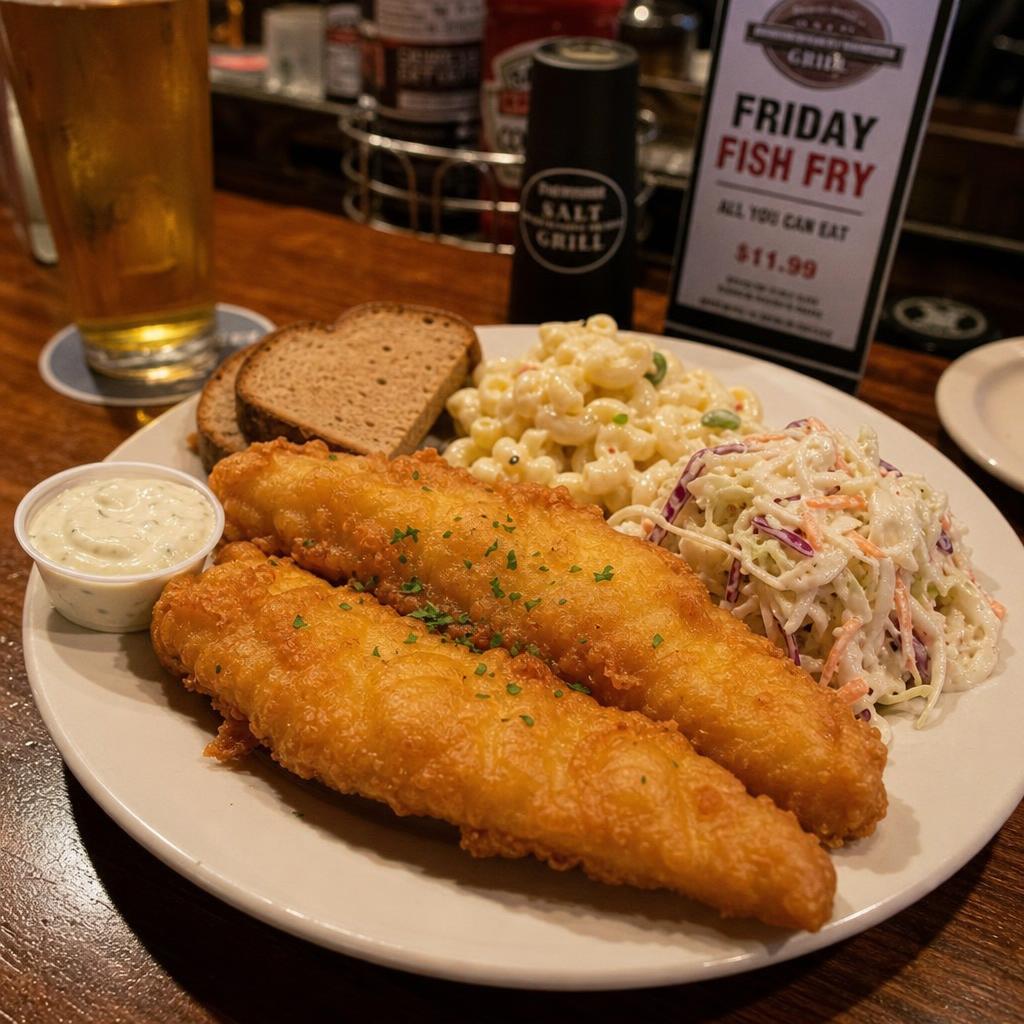 Friday Fish Fry at The Holland Willows — hand-battered cod with coleslaw, fries, and a roll